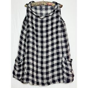 Flax Gingham Linen Sleeveless Cowl Neck Pocket Tunic – Black/Natural – Small